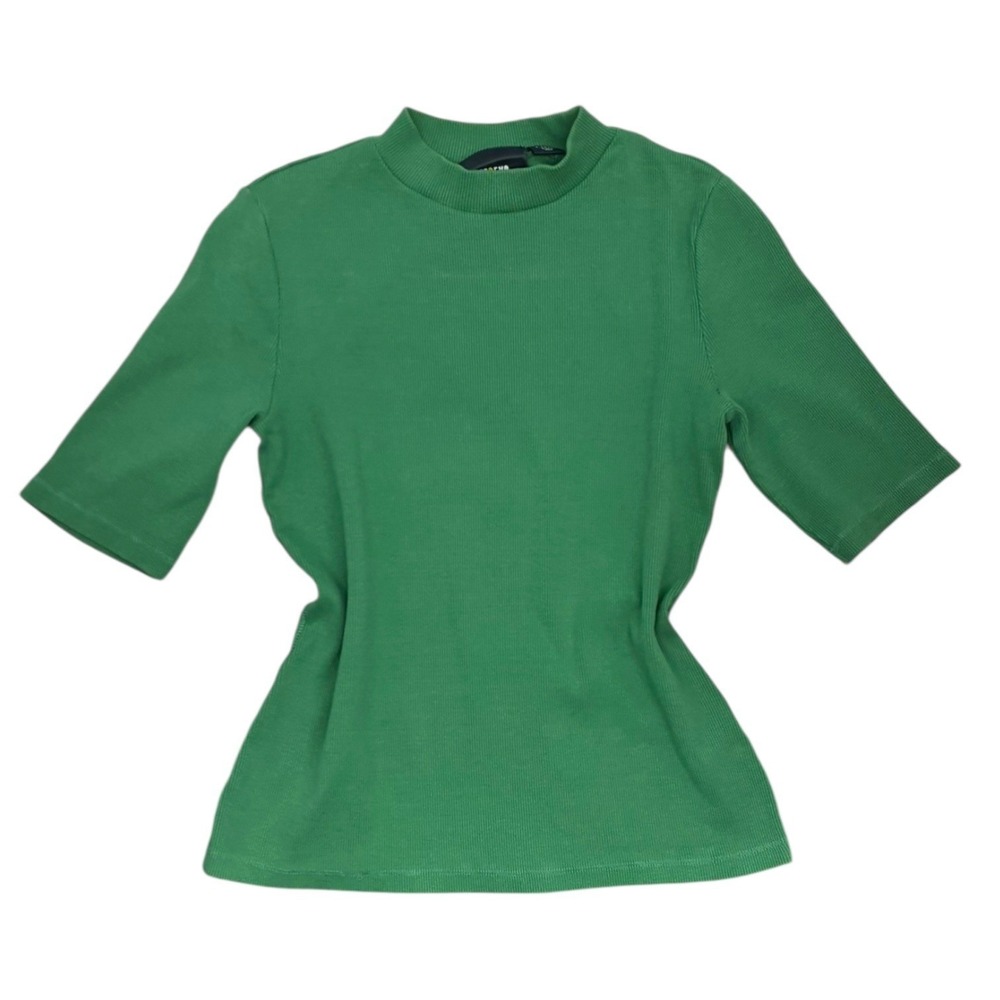 Maeve‎ Anthropologie Green Ribbed Mock Neck Top Short Sleeve Fitted XS
